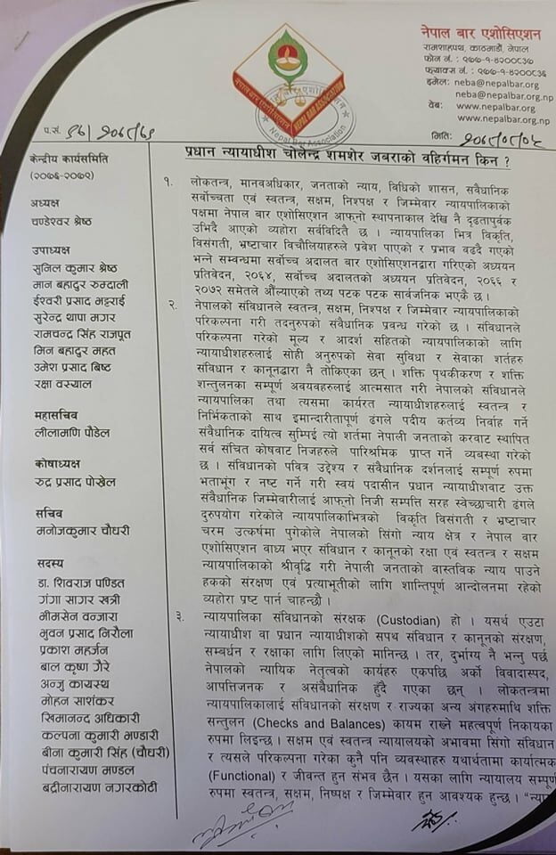 प्रधानन्यायाधीश राणालाई महाअभियोग लगाउनुपर्ने मागसहित बारले सभामुखलाई बुझायो ज्ञापनपत्र
