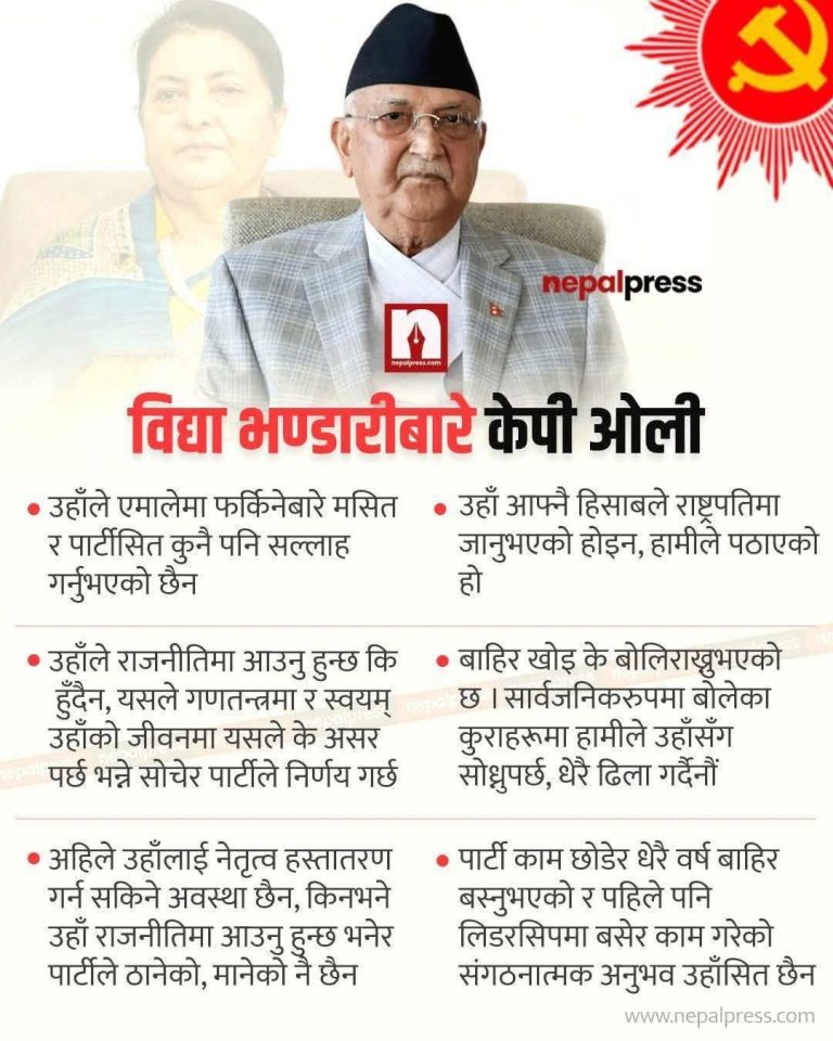 विद्या भण्डारीको एमाले फर्किने चर्चा चुलिँदा ओलीले दिए प्रस्ट जवाफ – “अहिलेलाई नेतृत्व जिम्मा दिन सकिने अवस्था छैन”
